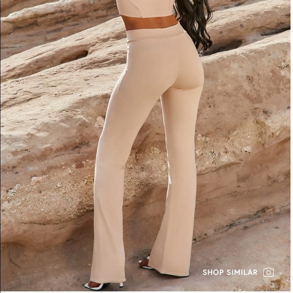 OH POLLY High Waisted Split Hem Trousers in Beige - Picture 3 of 6